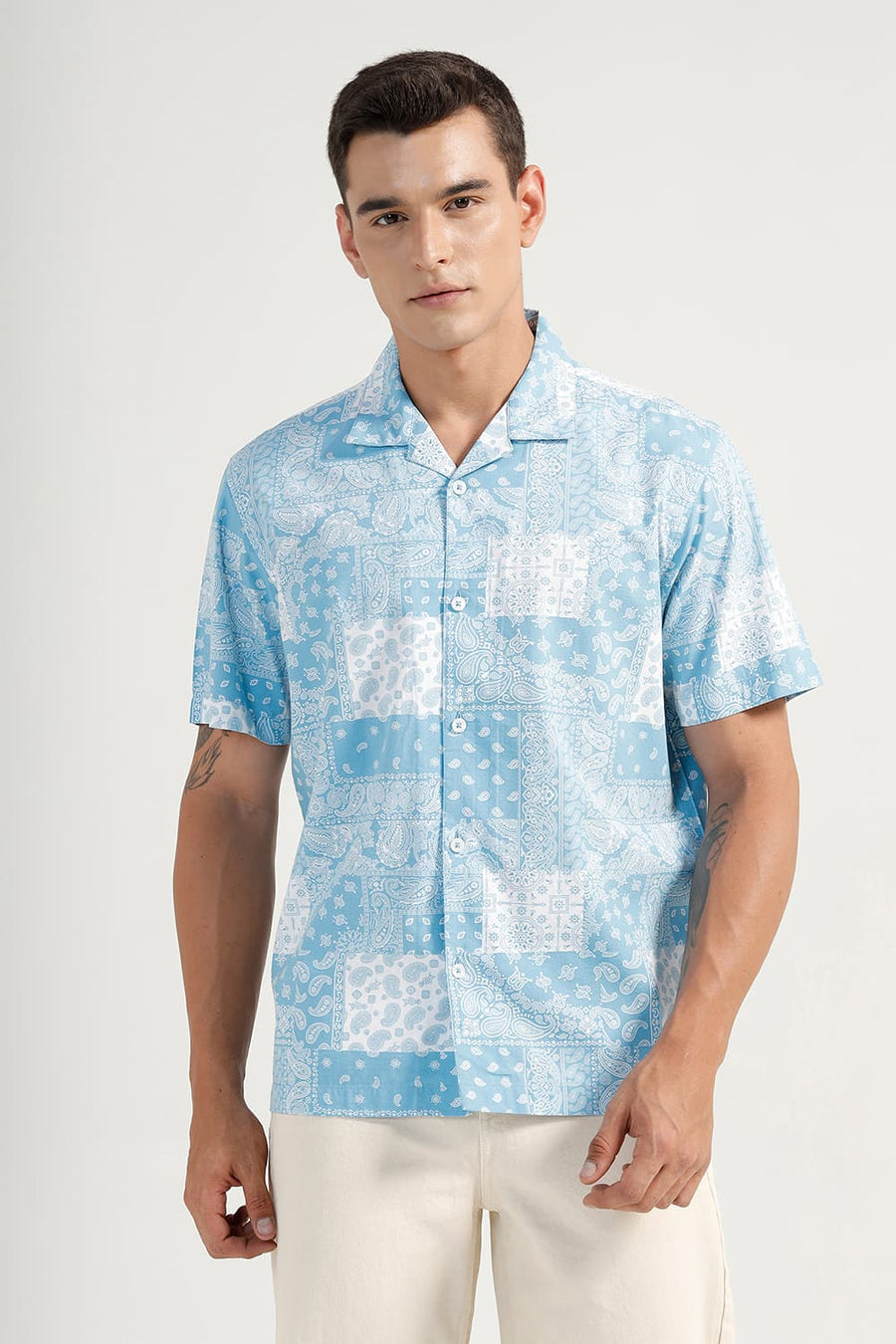 BASICS RELAXED FIT BLUE TOPAZ COTTON VISCOSE PRINTED HALFSLEEVES SHIRT