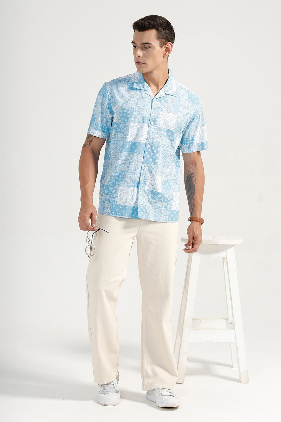 BASICS RELAXED FIT BLUE TOPAZ COTTON VISCOSE PRINTED HALFSLEEVES SHIRT