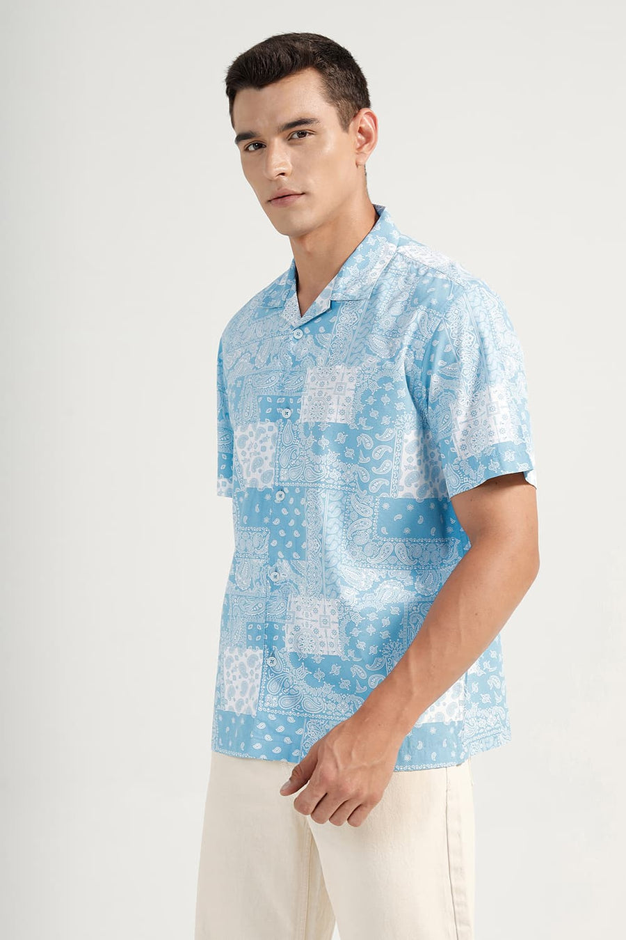 BASICS RELAXED FIT BLUE TOPAZ COTTON VISCOSE PRINTED HALFSLEEVES SHIRT