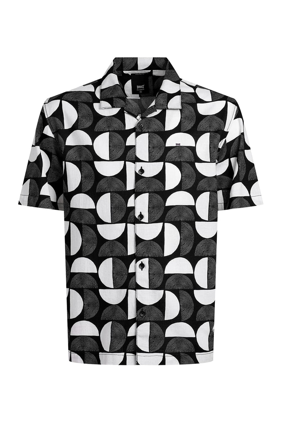 BASICS RELAXED FIT BLACK TOFU COTTON HOPSACK PRINTED HALFSLEEVES SHIRT