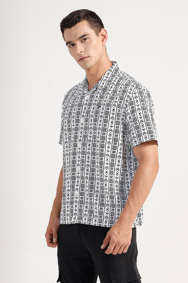 RELAXED FIT COTTON HOPSACK PRINTED HALFSLEEVES SHIRT