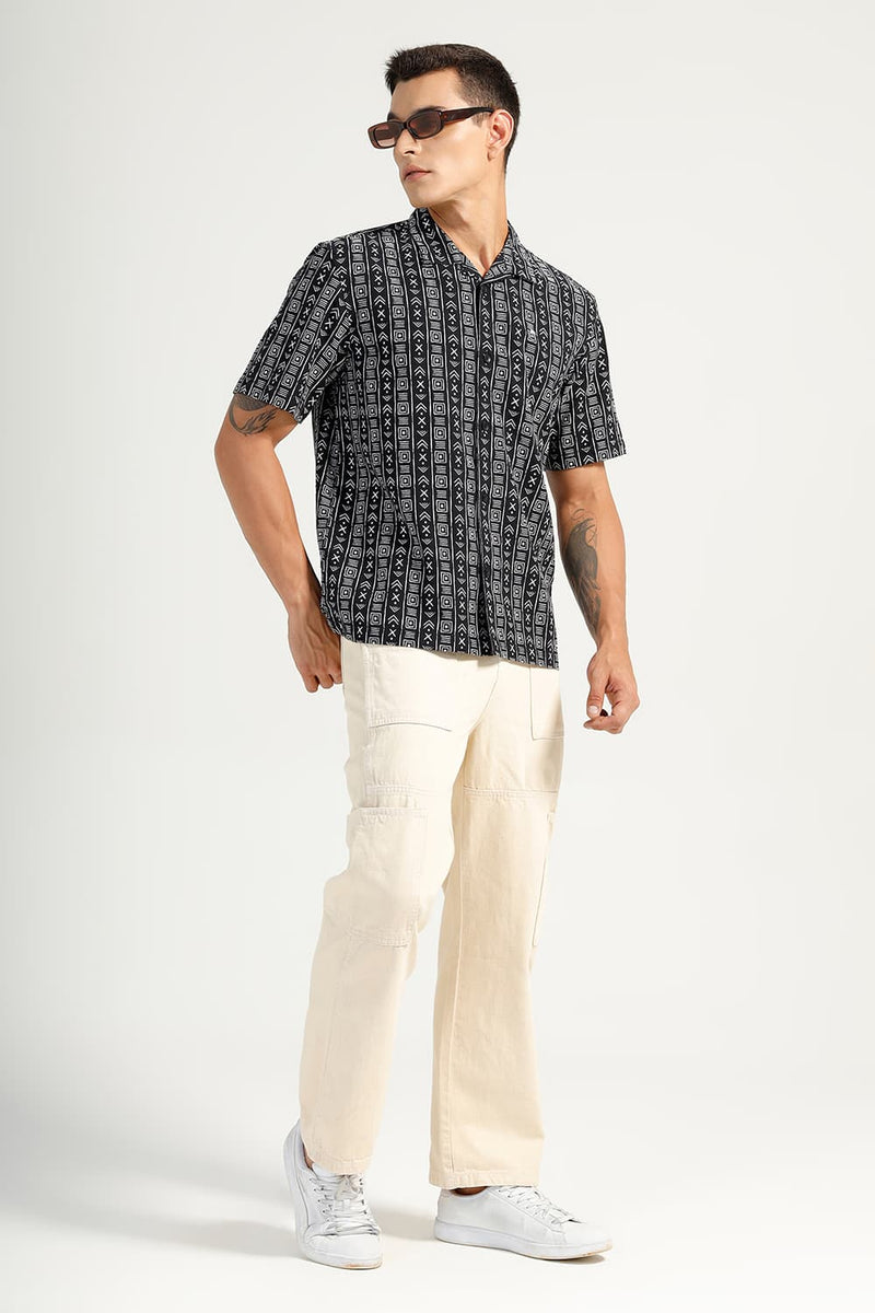 RELAXED FIT COTTON HOPSACK PRINTED HALFSLEEVES SHIRT