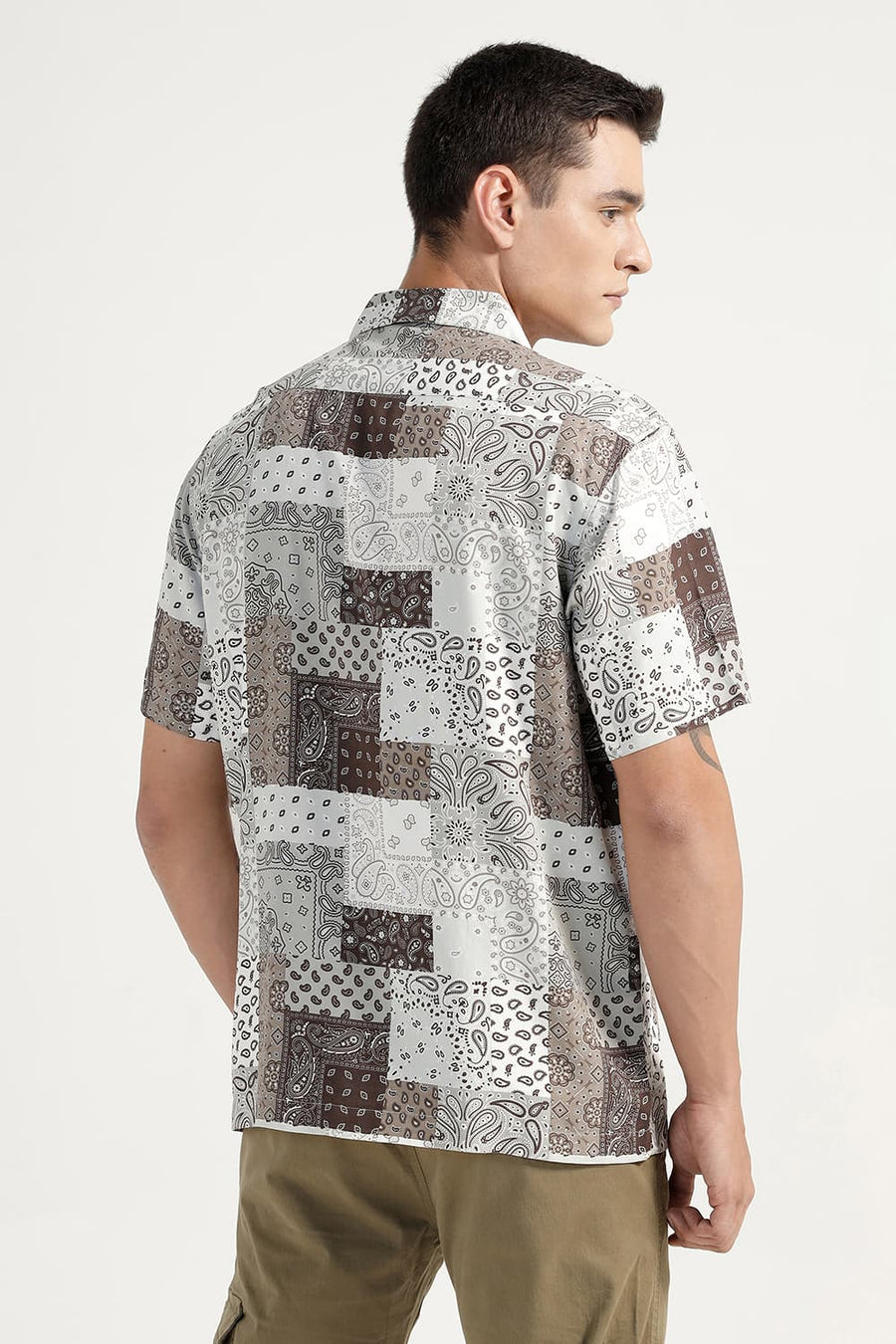 BASICS RELAXED FIT COCOA OLIVE VISCOSE PRINTED HALFSLEEVES SHIRT