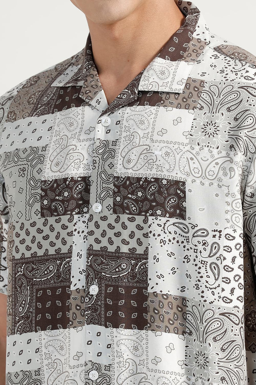 BASICS RELAXED FIT COCOA OLIVE VISCOSE PRINTED HALFSLEEVES SHIRT