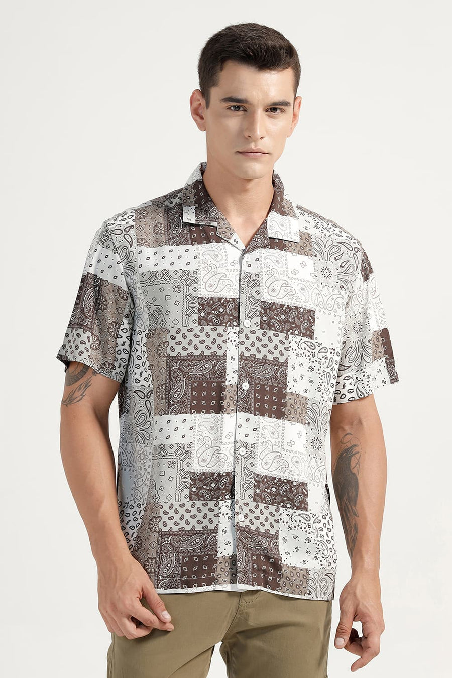 BASICS RELAXED FIT COCOA OLIVE VISCOSE PRINTED HALFSLEEVES SHIRT