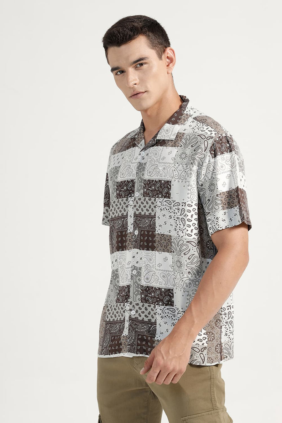 BASICS RELAXED FIT COCOA OLIVE VISCOSE PRINTED HALFSLEEVES SHIRT