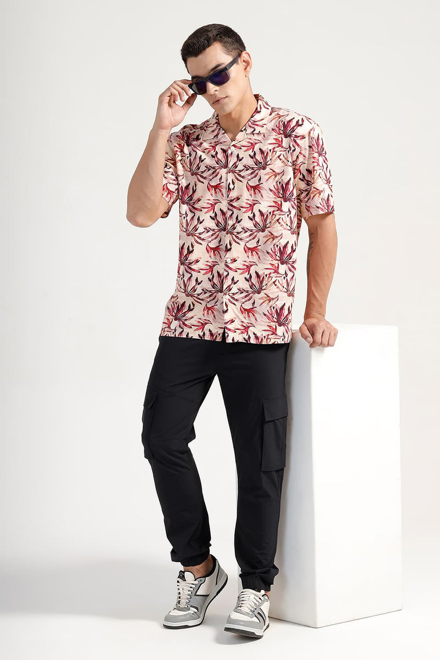 BASICS RELAXED FIT MOONSTONE PEACH VISCOSE DIGITAL PRINTED HALFSLEEVES SHIRT