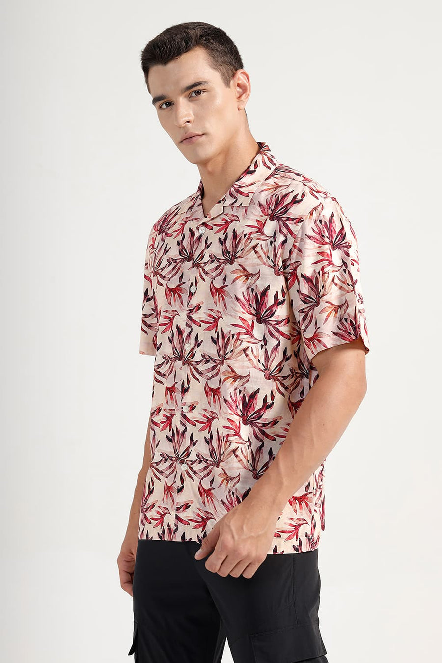 BASICS RELAXED FIT MOONSTONE PEACH VISCOSE DIGITAL PRINTED HALFSLEEVES SHIRT