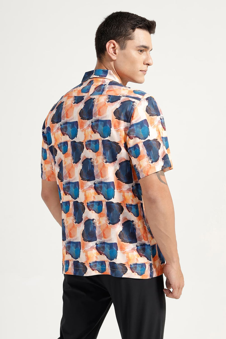 BASICS RELAXED FIT ORANGE NIGHTS VISCOSE DIGITAL PRINTED HALFSLEEVES SHIRT