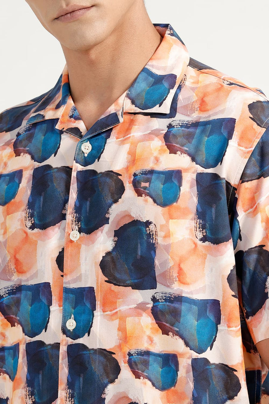 BASICS RELAXED FIT ORANGE NIGHTS VISCOSE DIGITAL PRINTED HALFSLEEVES SHIRT