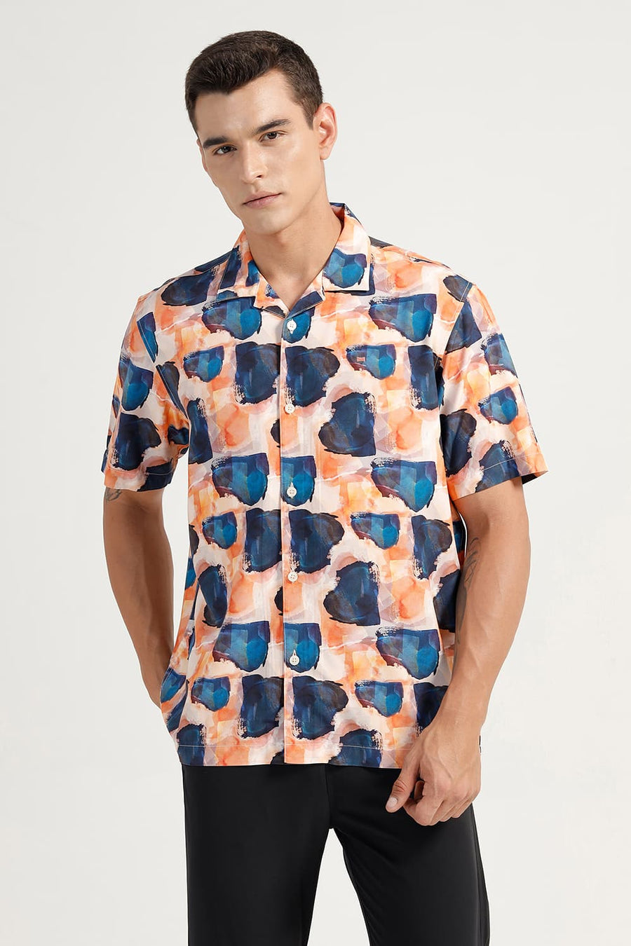 BASICS RELAXED FIT ORANGE NIGHTS VISCOSE DIGITAL PRINTED HALFSLEEVES SHIRT