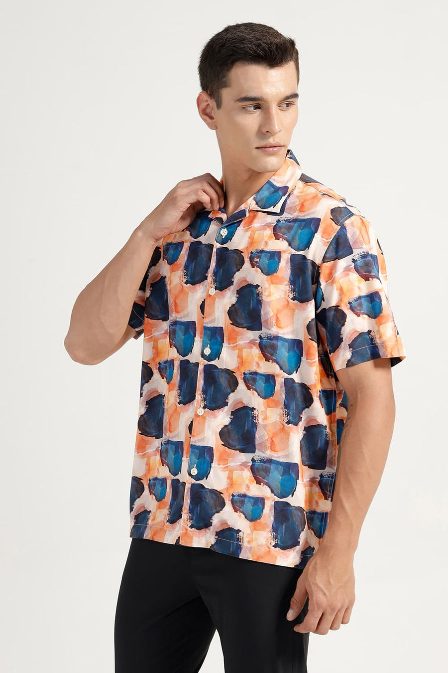 BASICS RELAXED FIT ORANGE NIGHTS VISCOSE DIGITAL PRINTED HALFSLEEVES SHIRT