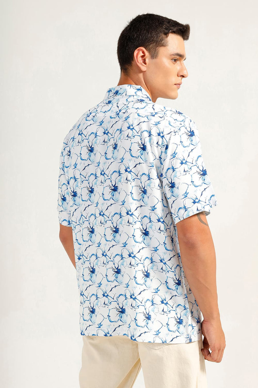 BASICS RELAXED FIT GALAXY BLUE VISCOSE DIGITAL PRINTED HALFSLEEVES SHIRT