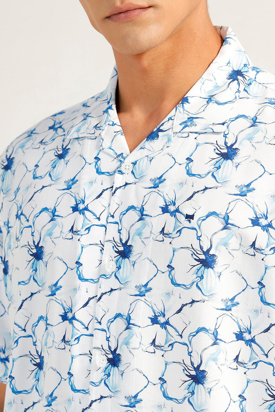 BASICS RELAXED FIT GALAXY BLUE VISCOSE DIGITAL PRINTED HALFSLEEVES SHIRT