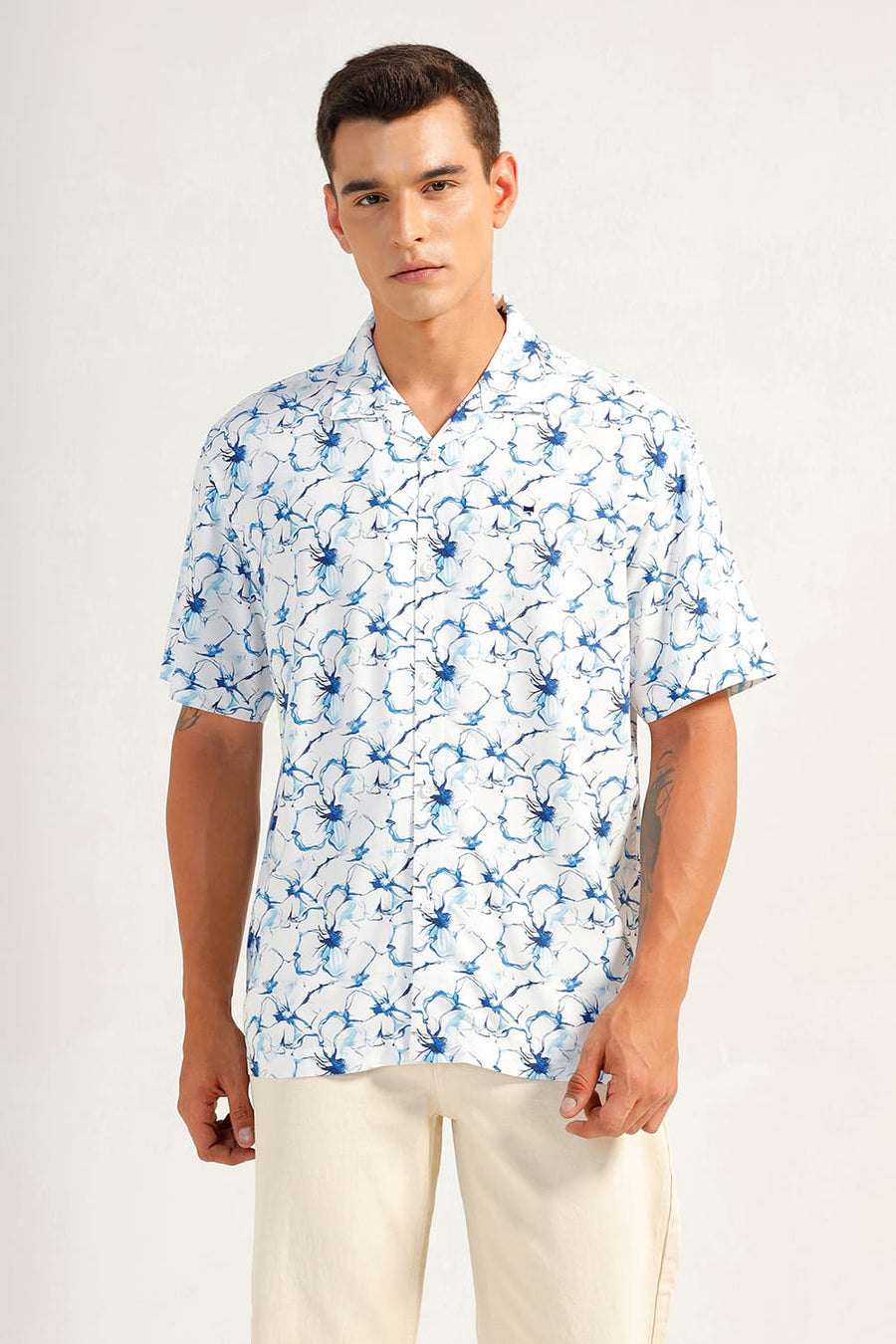 BASICS RELAXED FIT GALAXY BLUE VISCOSE DIGITAL PRINTED HALFSLEEVES SHIRT