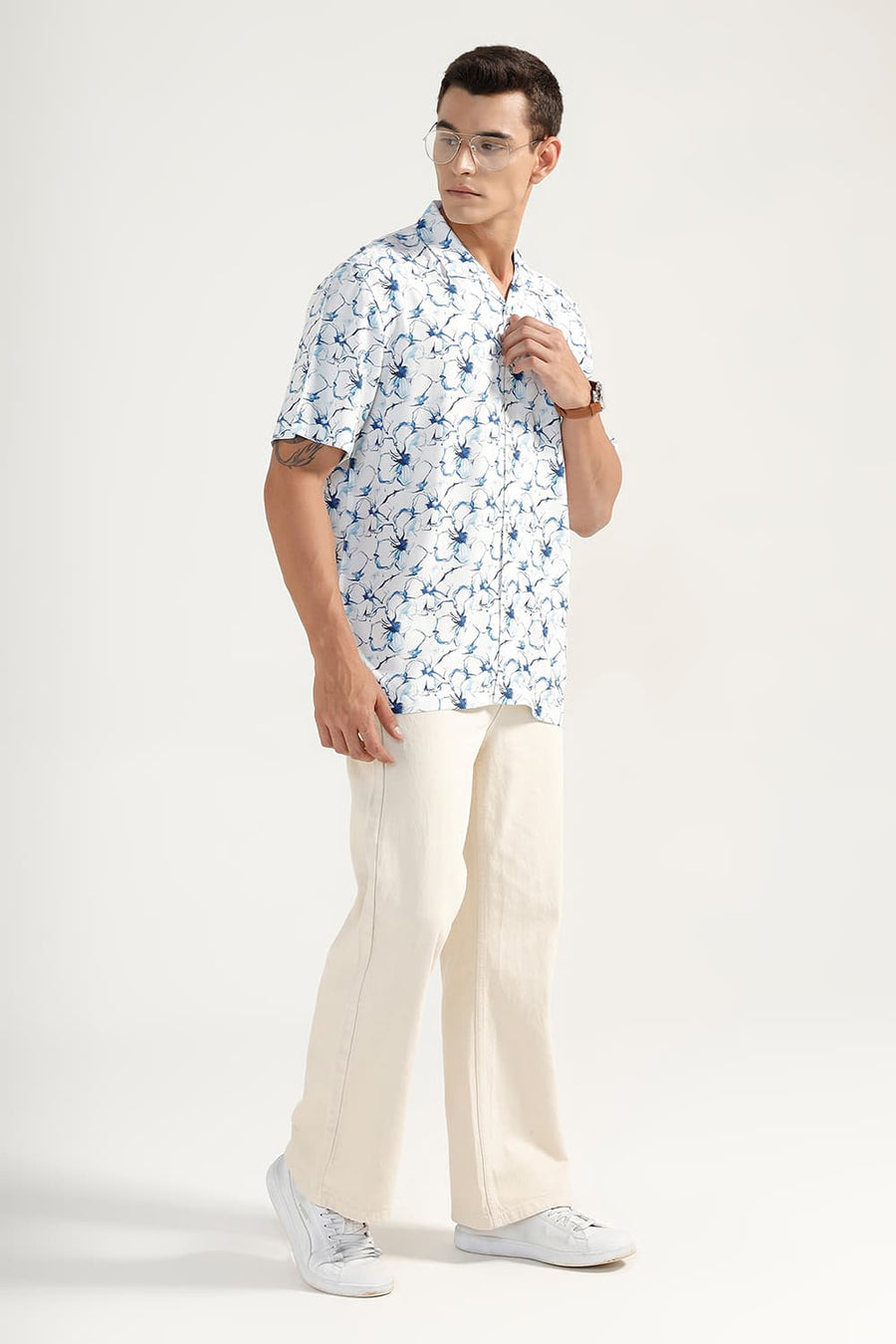 BASICS RELAXED FIT GALAXY BLUE VISCOSE DIGITAL PRINTED HALFSLEEVES SHIRT
