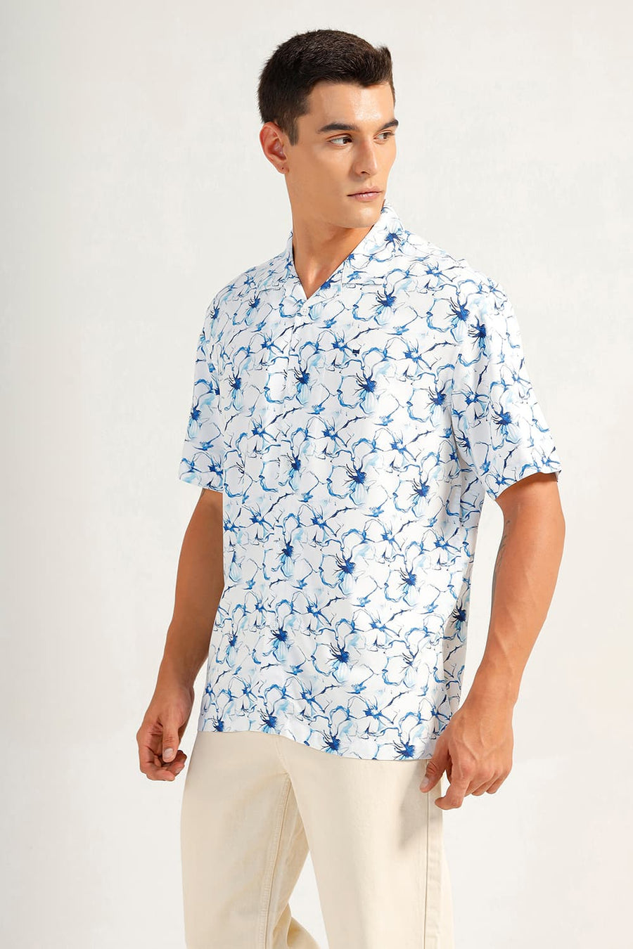 BASICS RELAXED FIT GALAXY BLUE VISCOSE DIGITAL PRINTED HALFSLEEVES SHIRT