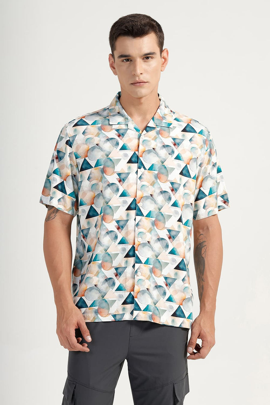 BASICS RELAXED FIT STARGAZER BLUE VISCOSE DIGITAL PRINTED HALFSLEEVES SHIRT