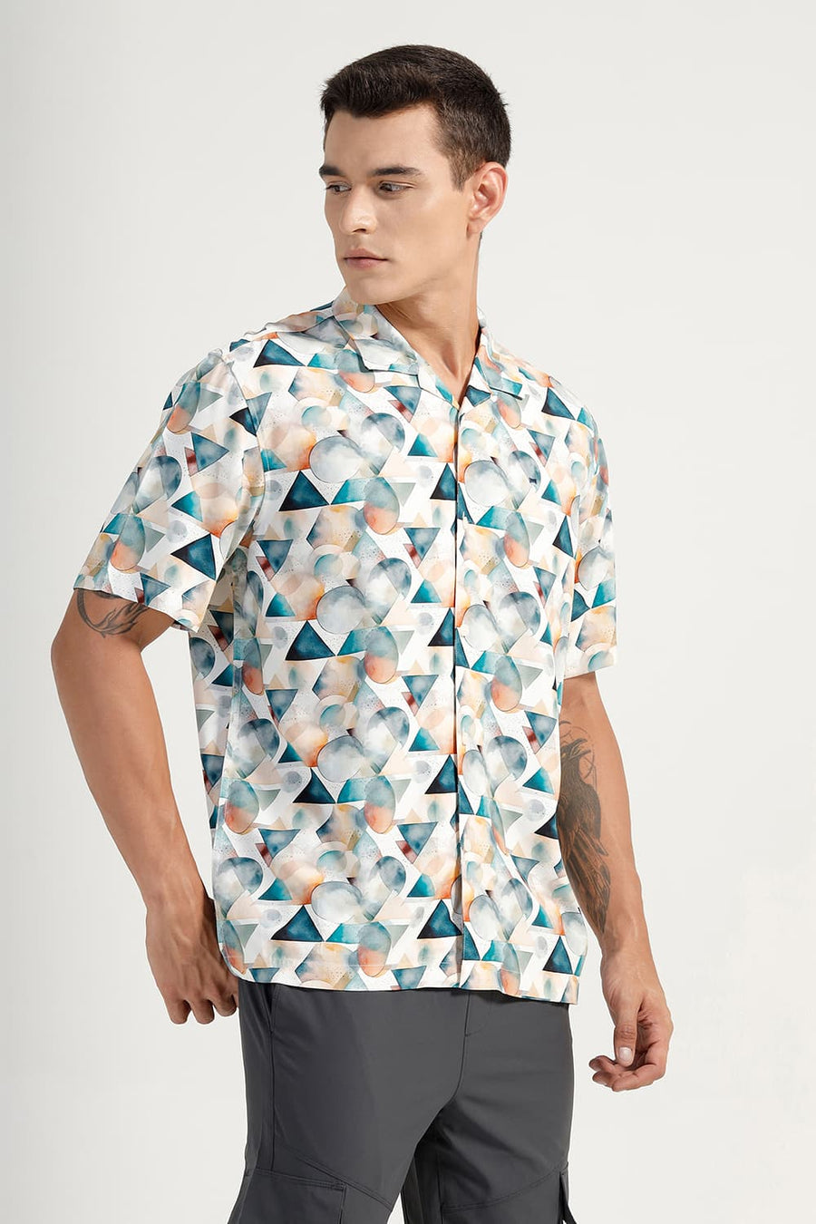 BASICS RELAXED FIT STARGAZER BLUE VISCOSE DIGITAL PRINTED HALFSLEEVES SHIRT