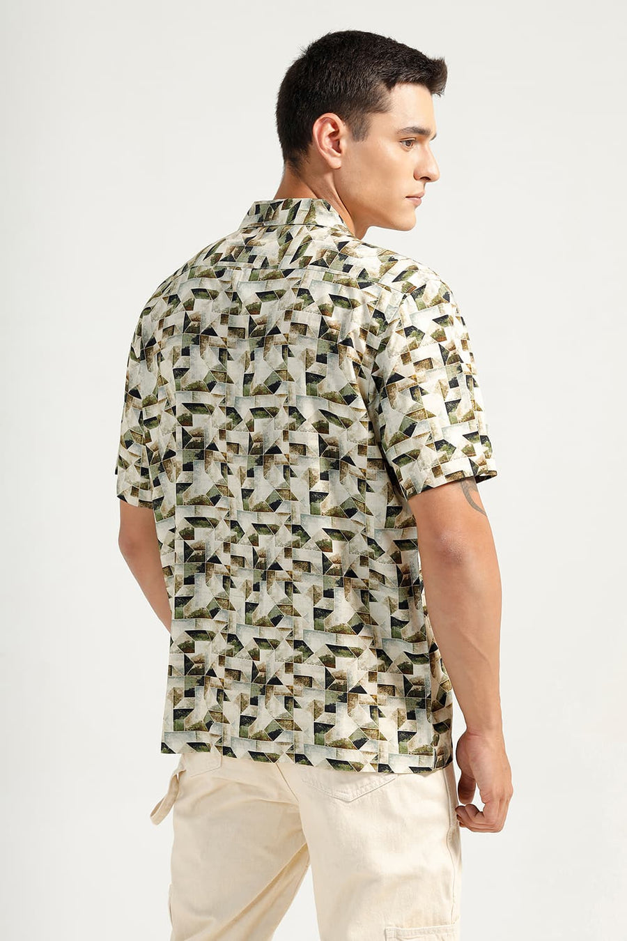 BASICS RELAXED FIT INCENCE BEIGE VISCOSE DIGITAL PRINTED HALFSLEEVES SHIRT