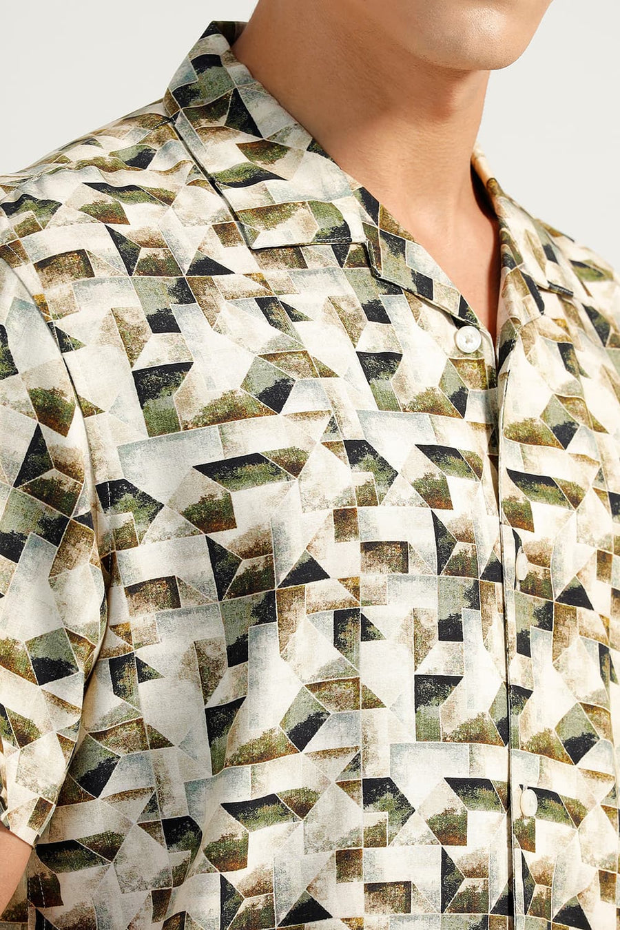BASICS RELAXED FIT INCENCE BEIGE VISCOSE DIGITAL PRINTED HALFSLEEVES SHIRT