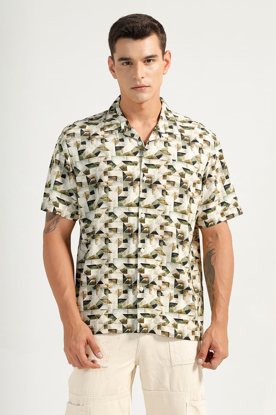 BASICS RELAXED FIT INCENCE BEIGE VISCOSE DIGITAL PRINTED HALFSLEEVES SHIRT