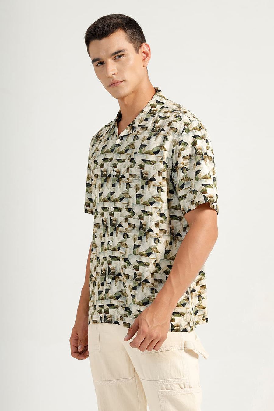 BASICS RELAXED FIT INCENCE BEIGE VISCOSE DIGITAL PRINTED HALFSLEEVES SHIRT