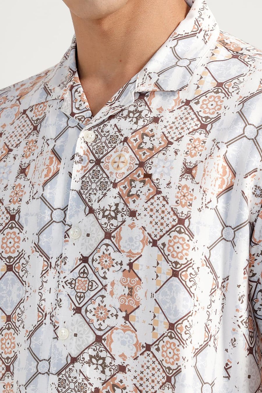 BASICS RELAXED FIT CORCINE BROWN VISCOSE DIGITAL PRINTED HALFSLEEVES SHIRT