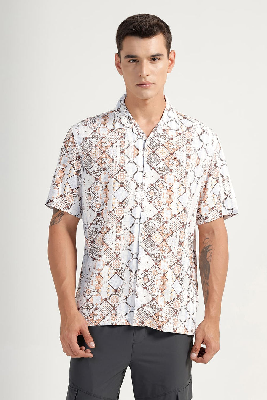 BASICS RELAXED FIT CORCINE BROWN VISCOSE DIGITAL PRINTED HALFSLEEVES SHIRT