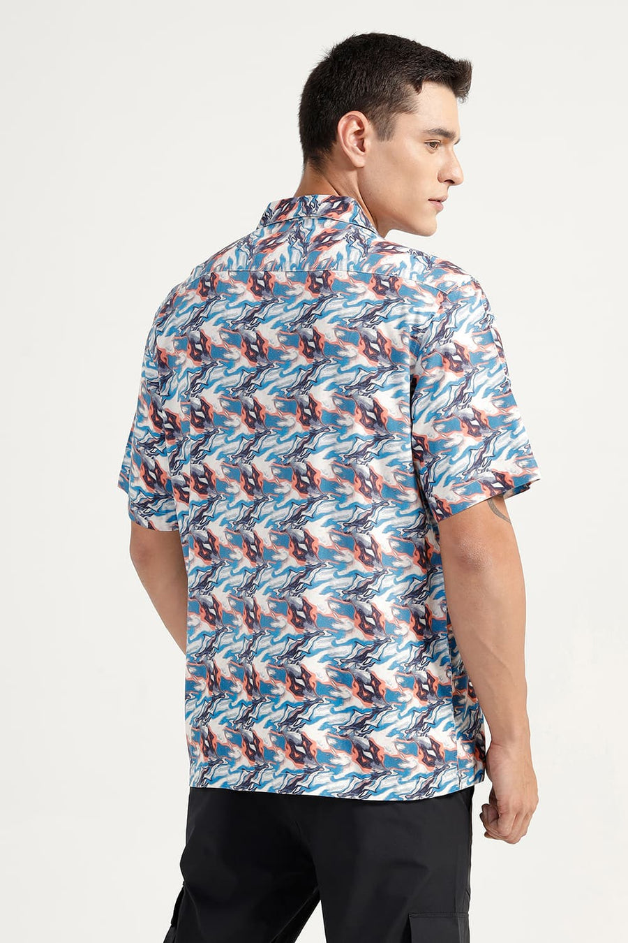 BASICS RELAXED FIT GALAXY BLUE VISCOSE DIGITAL PRINTED HALFSLEEVES SHIRT