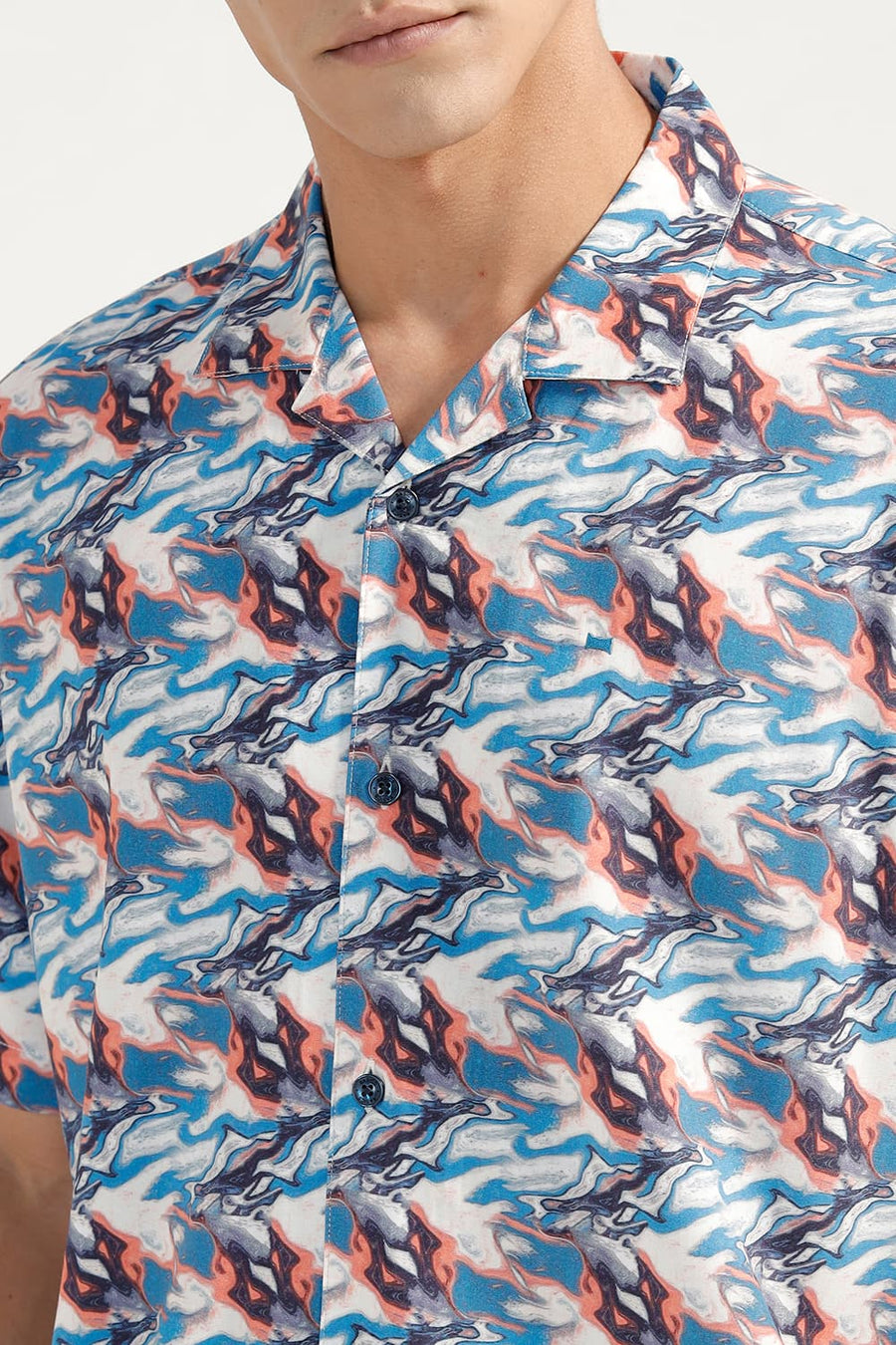 BASICS RELAXED FIT GALAXY BLUE VISCOSE DIGITAL PRINTED HALFSLEEVES SHIRT