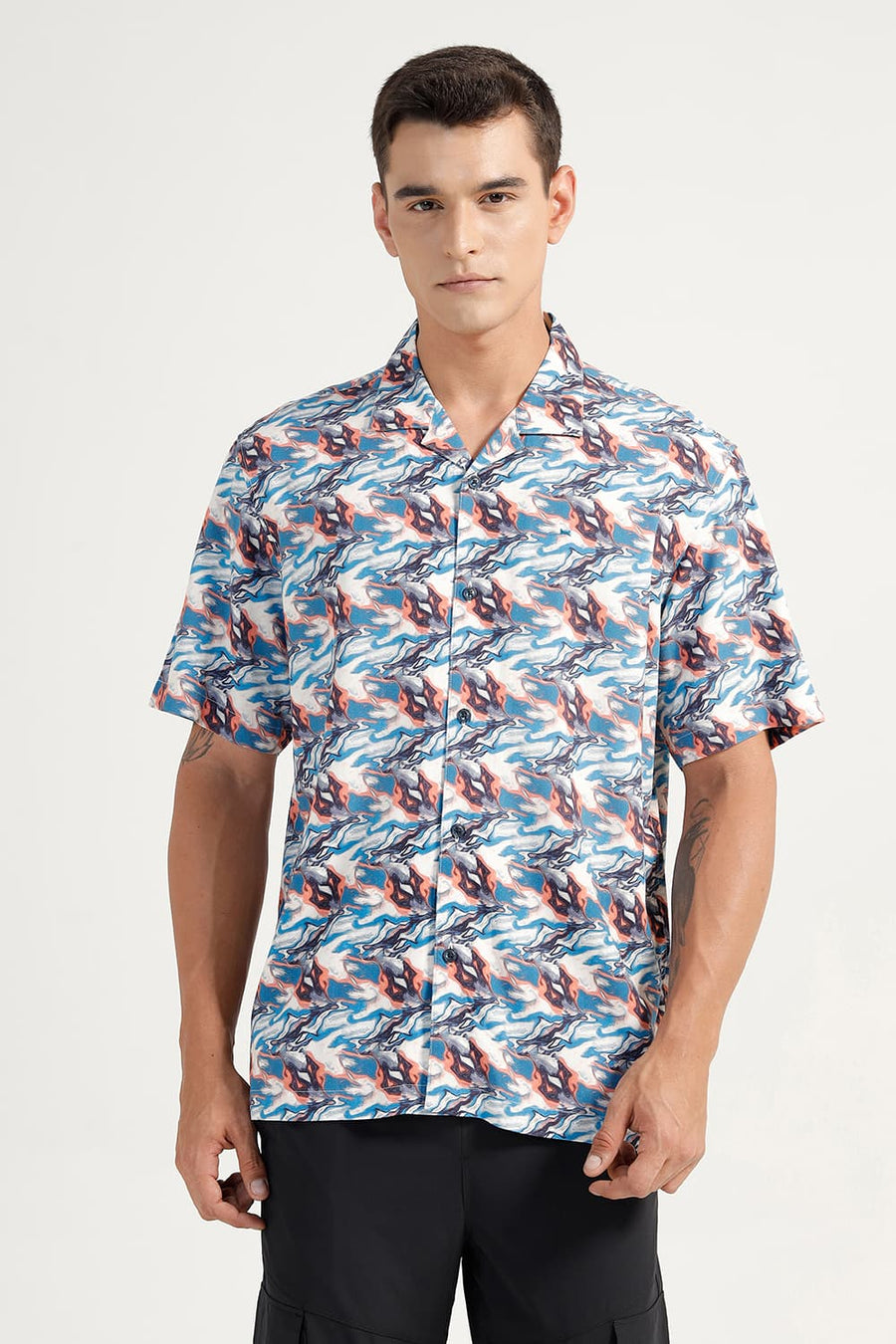 BASICS RELAXED FIT GALAXY BLUE VISCOSE DIGITAL PRINTED HALFSLEEVES SHIRT