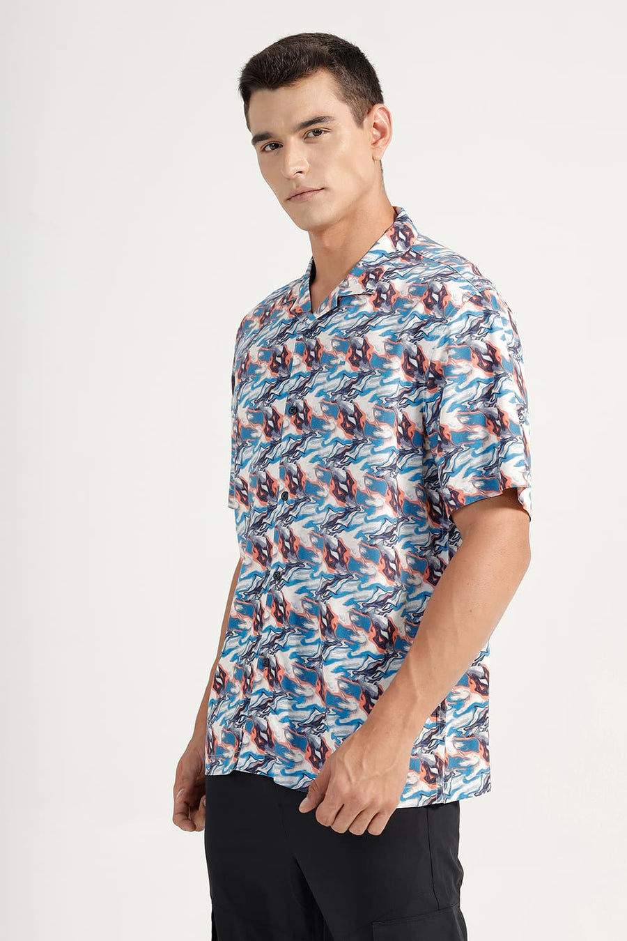 BASICS RELAXED FIT GALAXY BLUE VISCOSE DIGITAL PRINTED HALFSLEEVES SHIRT
