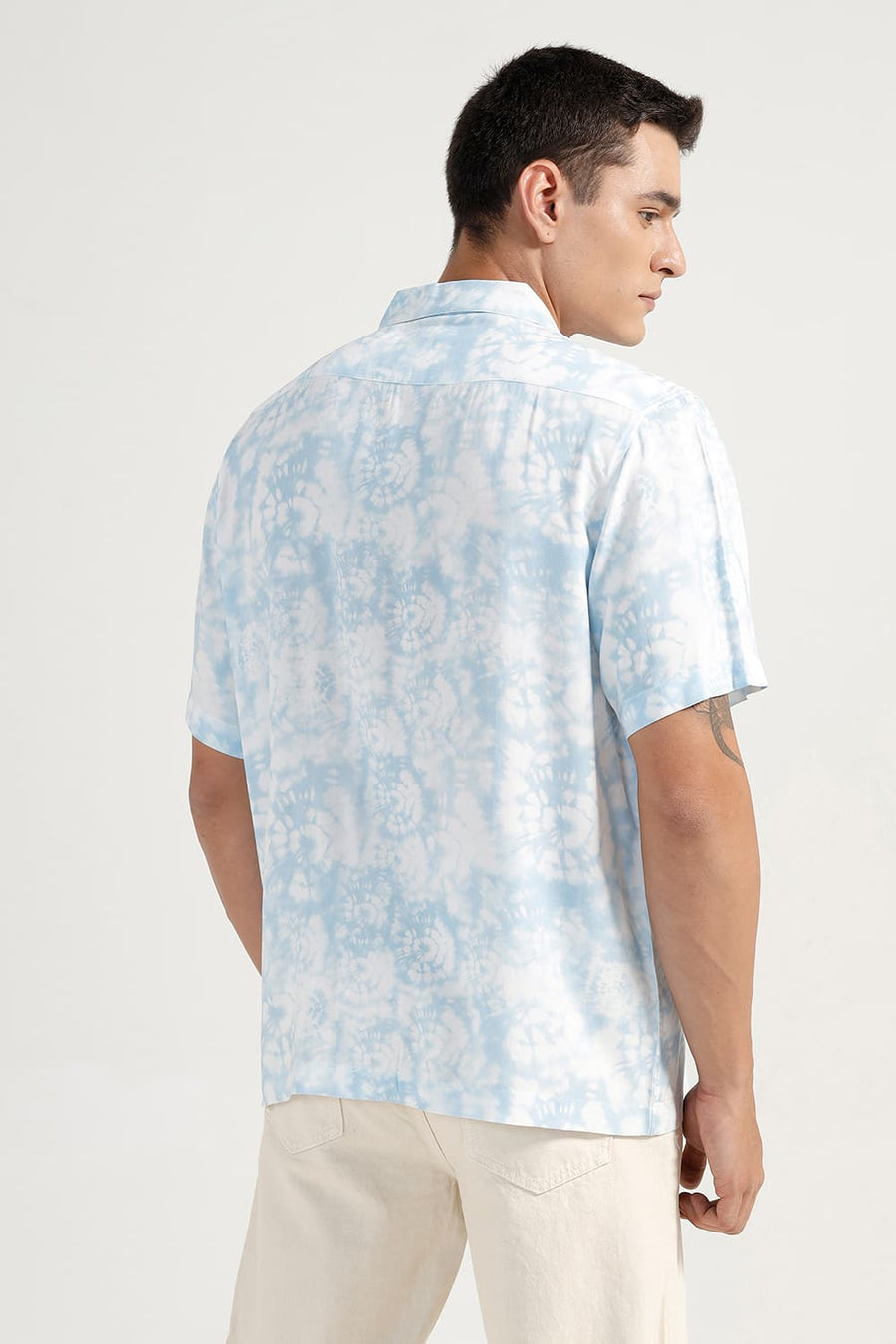 BASICS RELAXED FIT BLUE FOG VISCOSE DIGITAL PRINTED HALFSLEEVES SHIRT