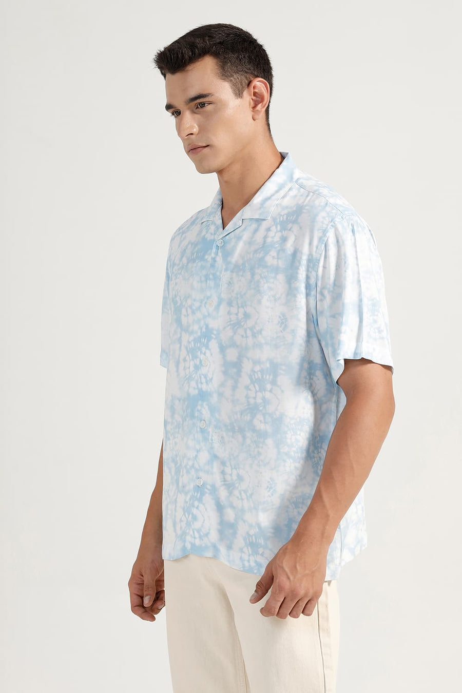 BASICS RELAXED FIT BLUE FOG VISCOSE DIGITAL PRINTED HALFSLEEVES SHIRT