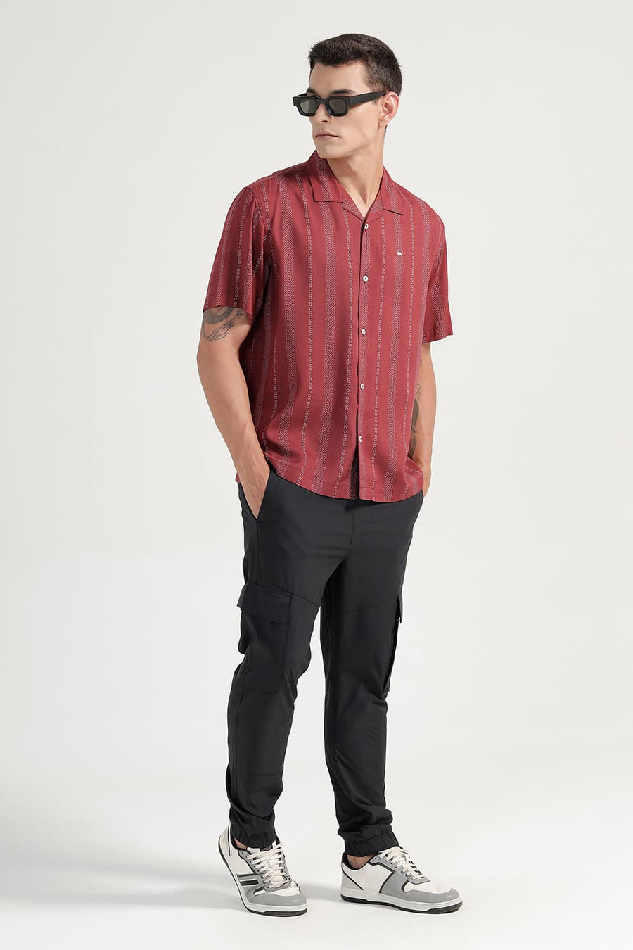BASICS RELAXED FIT MAROON VINEYARD VISCOSE PRINTED STRIPE HALFSLEEVES SHIRT