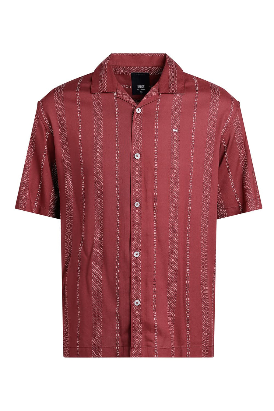 BASICS RELAXED FIT MAROON VINEYARD VISCOSE PRINTED STRIPE HALFSLEEVES SHIRT