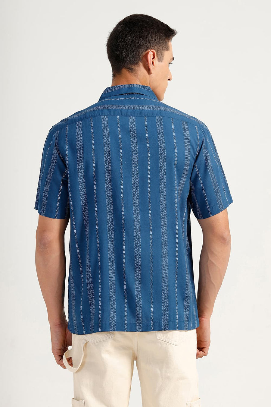 BASICS RELAXED FIT STELLAR MID BLUE VISCOSE PRINTED STRIPE HALFSLEEVES SHIRT