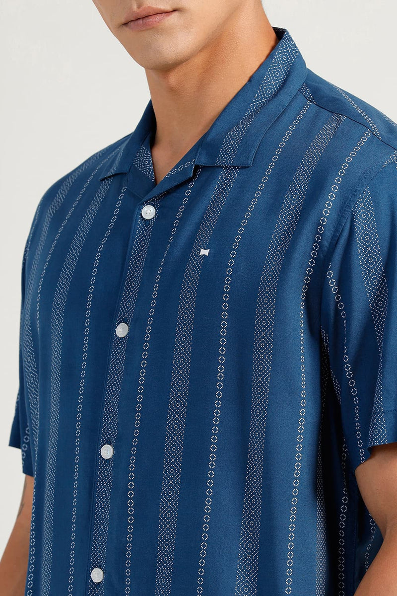 RELAXED FIT VISCOSE PRINTED STRIPE HALFSLEEVES SHIRT