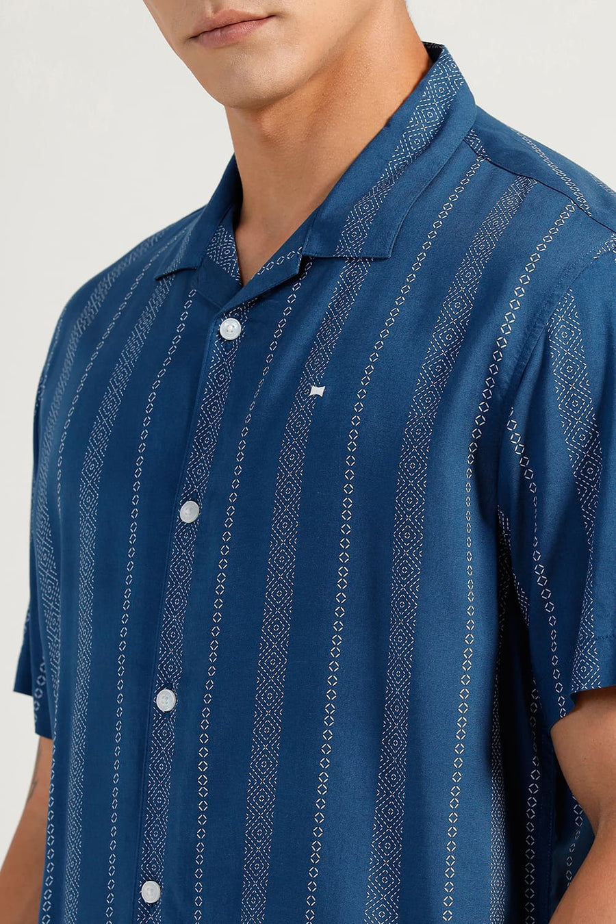 BASICS RELAXED FIT STELLAR MID BLUE VISCOSE PRINTED STRIPE HALFSLEEVES SHIRT