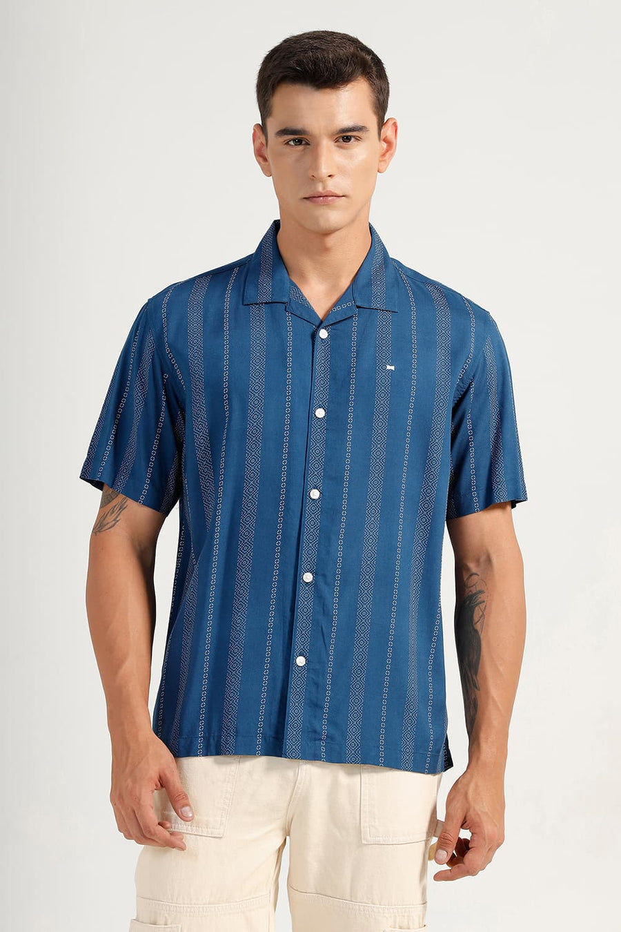 BASICS RELAXED FIT STELLAR MID BLUE VISCOSE PRINTED STRIPE HALFSLEEVES SHIRT