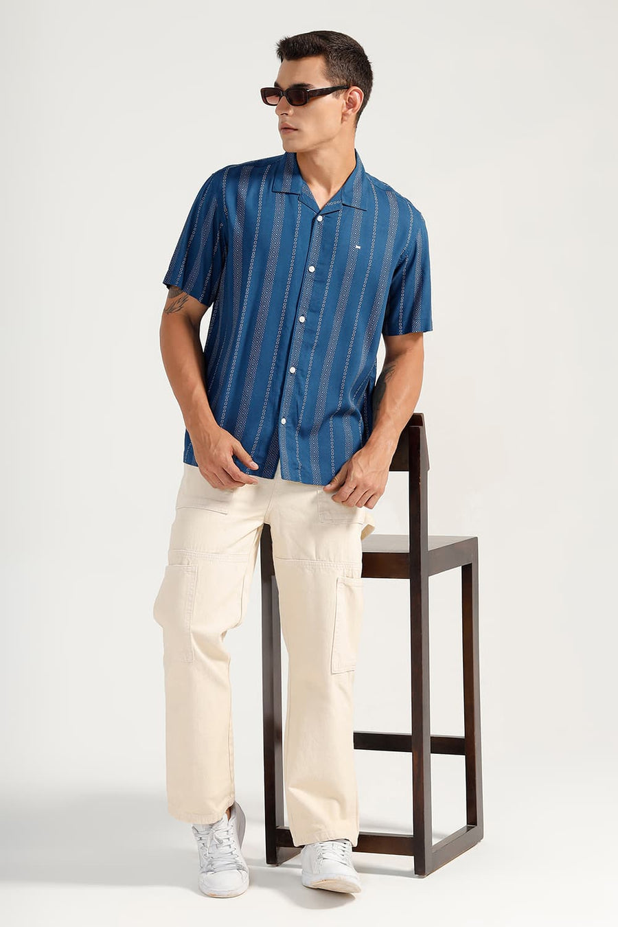 BASICS RELAXED FIT STELLAR MID BLUE VISCOSE PRINTED STRIPE HALFSLEEVES SHIRT