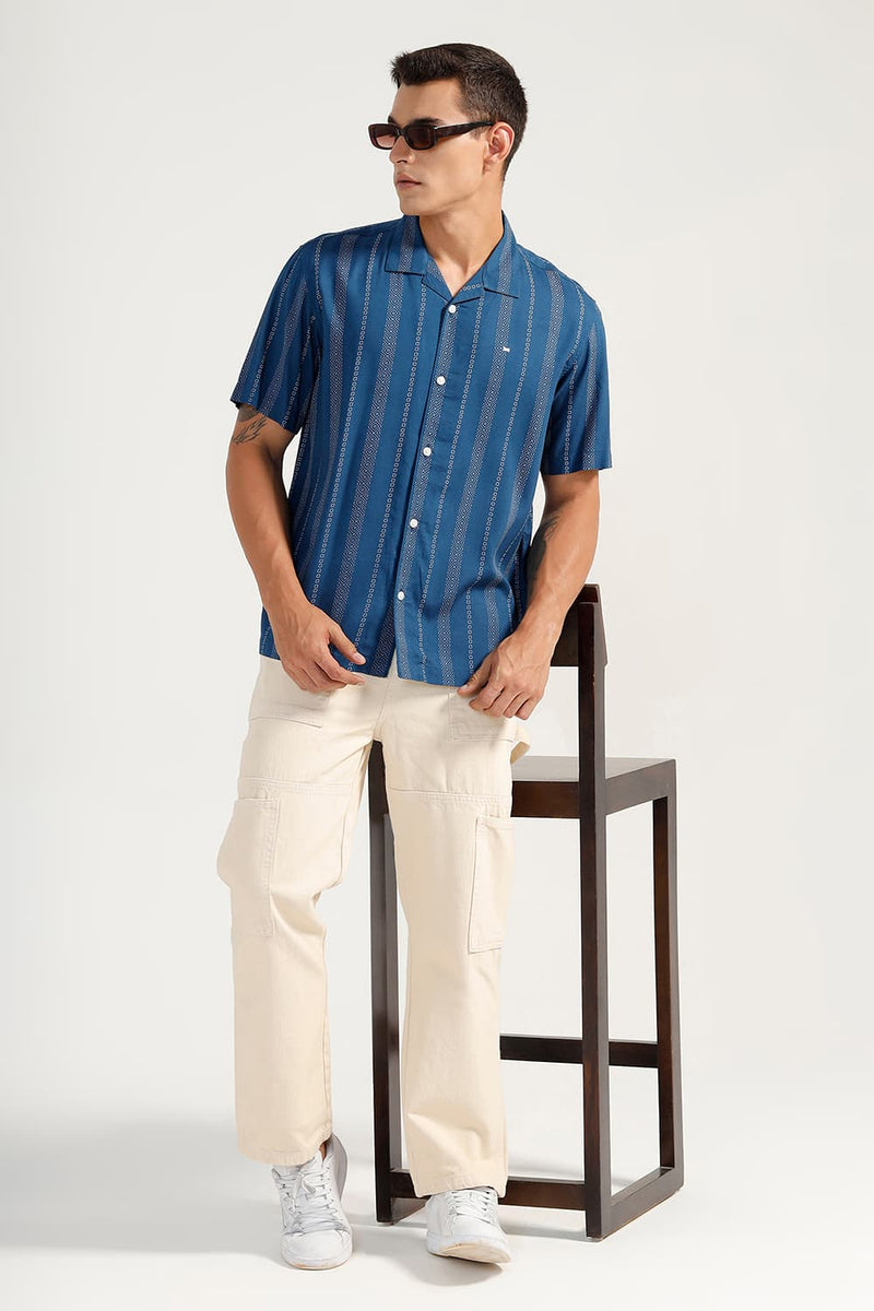 RELAXED FIT VISCOSE PRINTED STRIPE HALFSLEEVES SHIRT