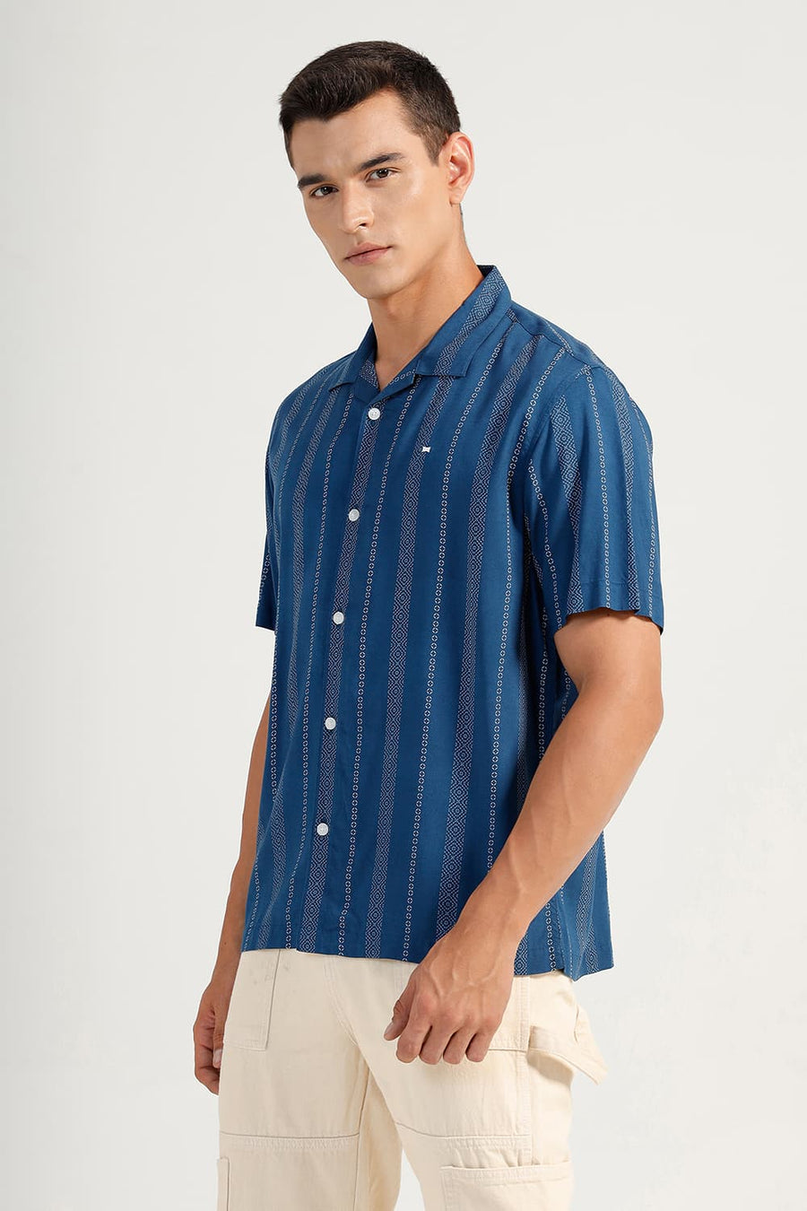 BASICS RELAXED FIT STELLAR MID BLUE VISCOSE PRINTED STRIPE HALFSLEEVES SHIRT