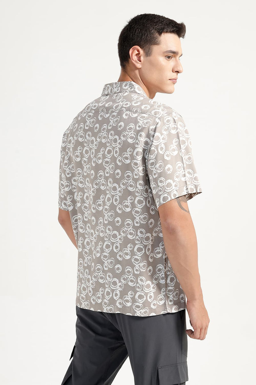 BASICS RELAXED FIT GREY CROCKERY VISCOSE PRINTED HALFSLEEVES SHIRT