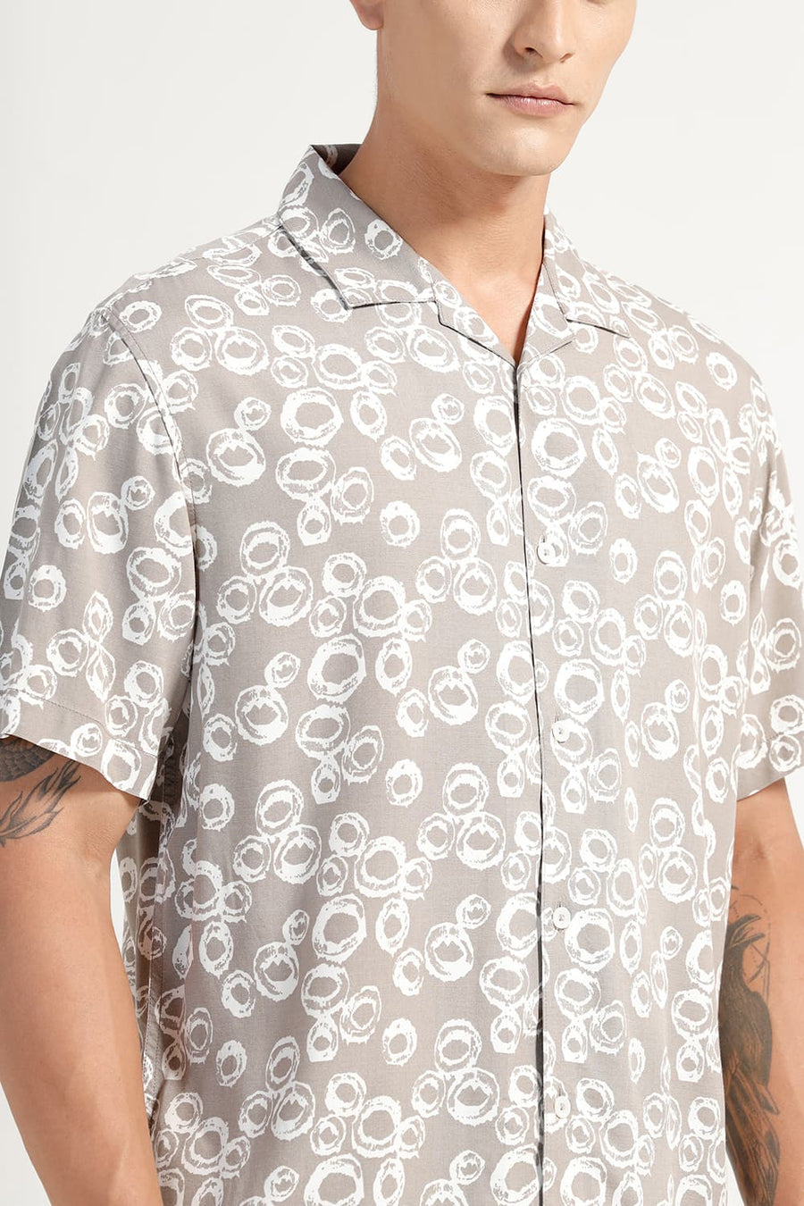 BASICS RELAXED FIT GREY CROCKERY VISCOSE PRINTED HALFSLEEVES SHIRT