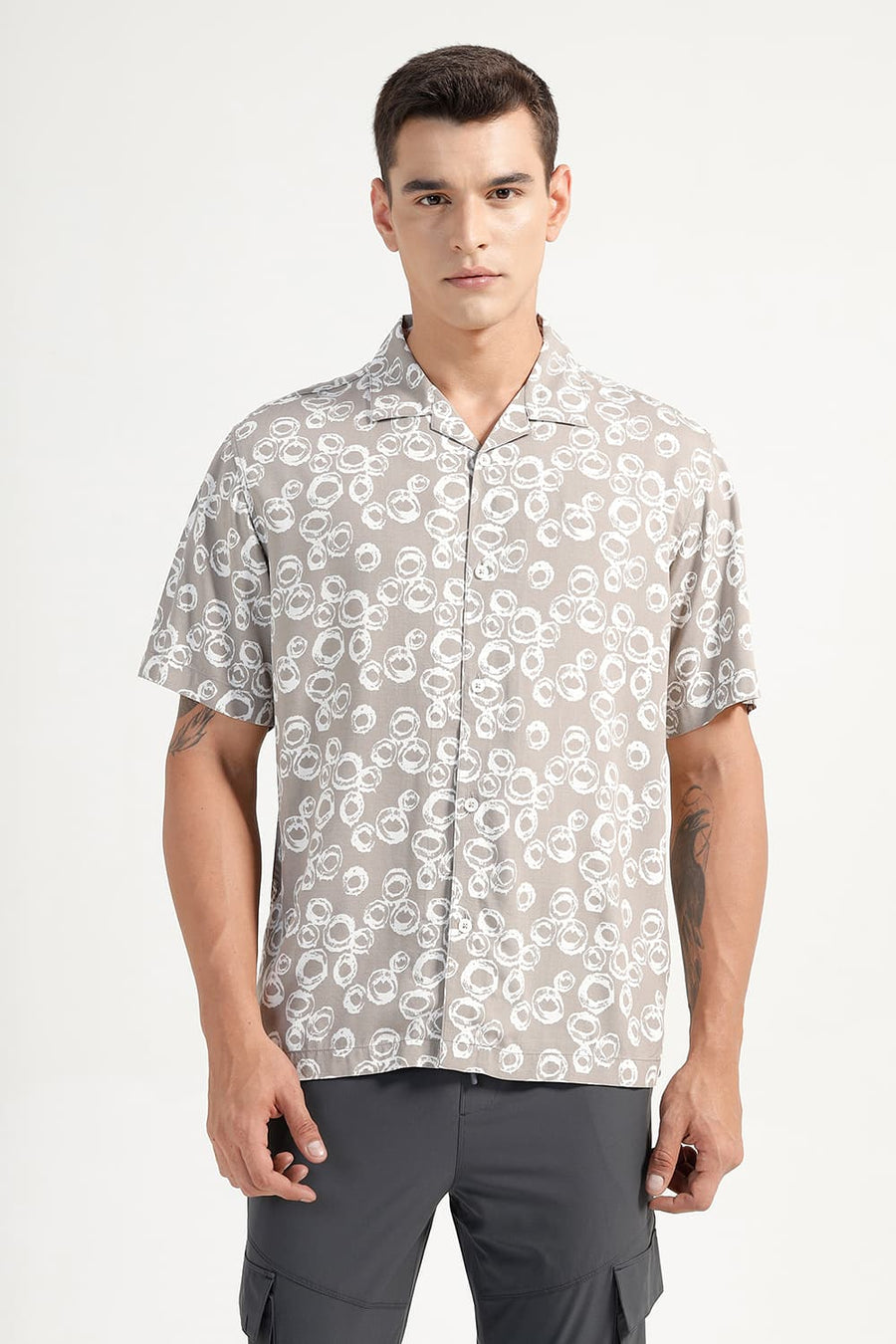 BASICS RELAXED FIT GREY CROCKERY VISCOSE PRINTED HALFSLEEVES SHIRT