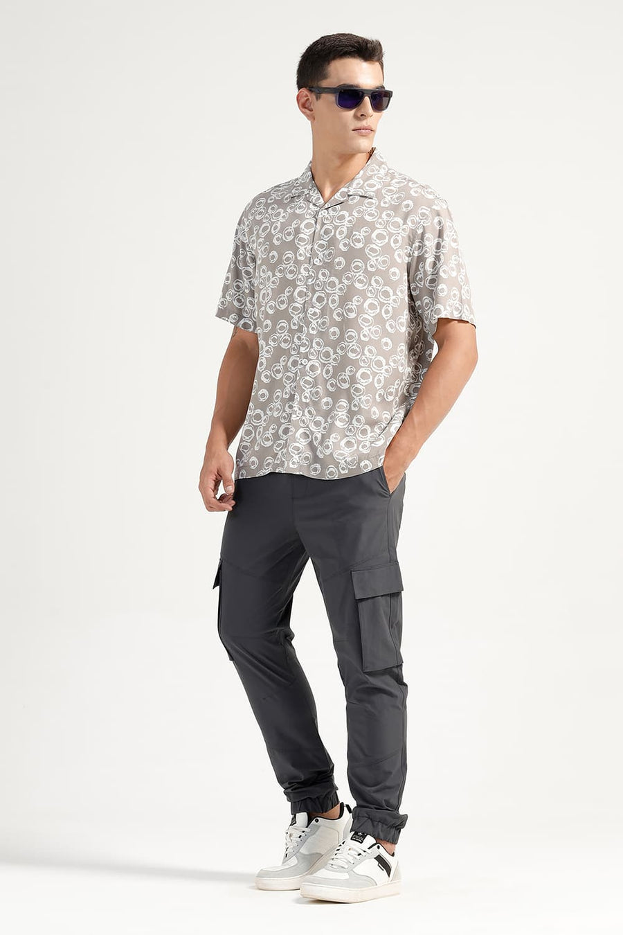 BASICS RELAXED FIT GREY CROCKERY VISCOSE PRINTED HALFSLEEVES SHIRT