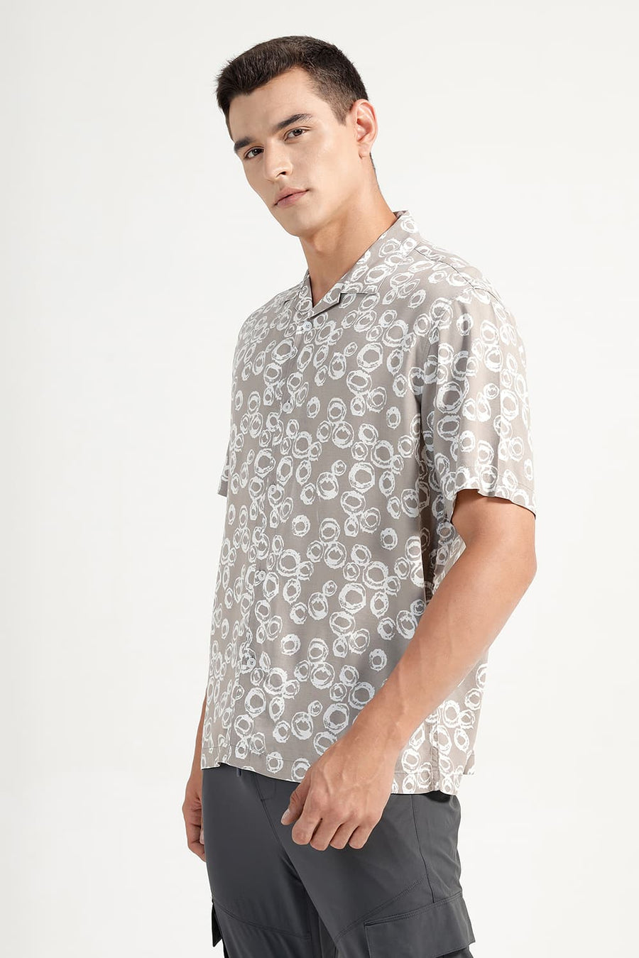 BASICS RELAXED FIT GREY CROCKERY VISCOSE PRINTED HALFSLEEVES SHIRT