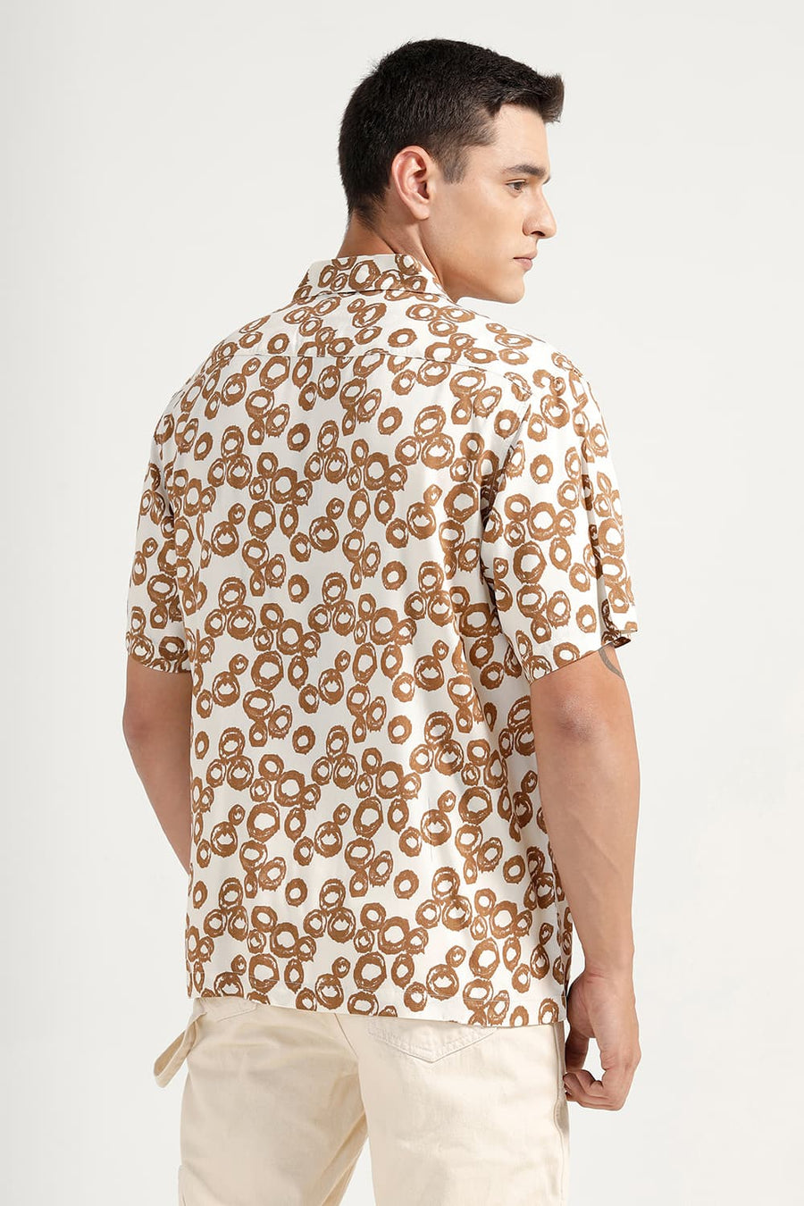 BASICS RELAXED FIT BEIGE COCOA VISCOSE PRINTED HALFSLEEVES SHIRT